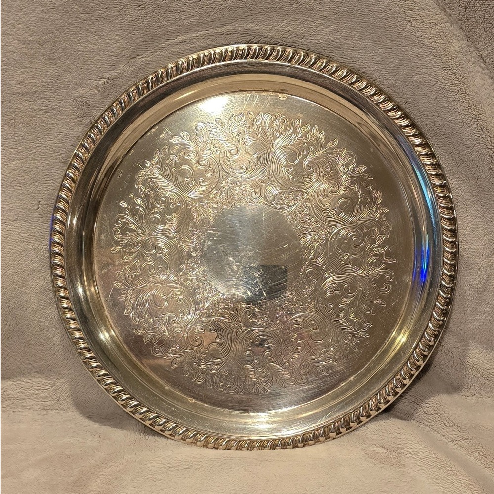 Vintage Ornate Silver Plated Round Serving Tray Scalloped Edge Embossed Design